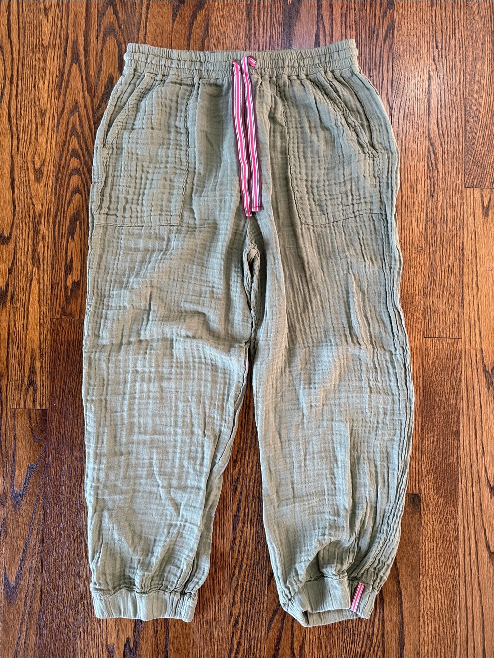 B42 Sundry Women’s 2 Olive Green Cotton Gauze Joggers with Pink Drawstring